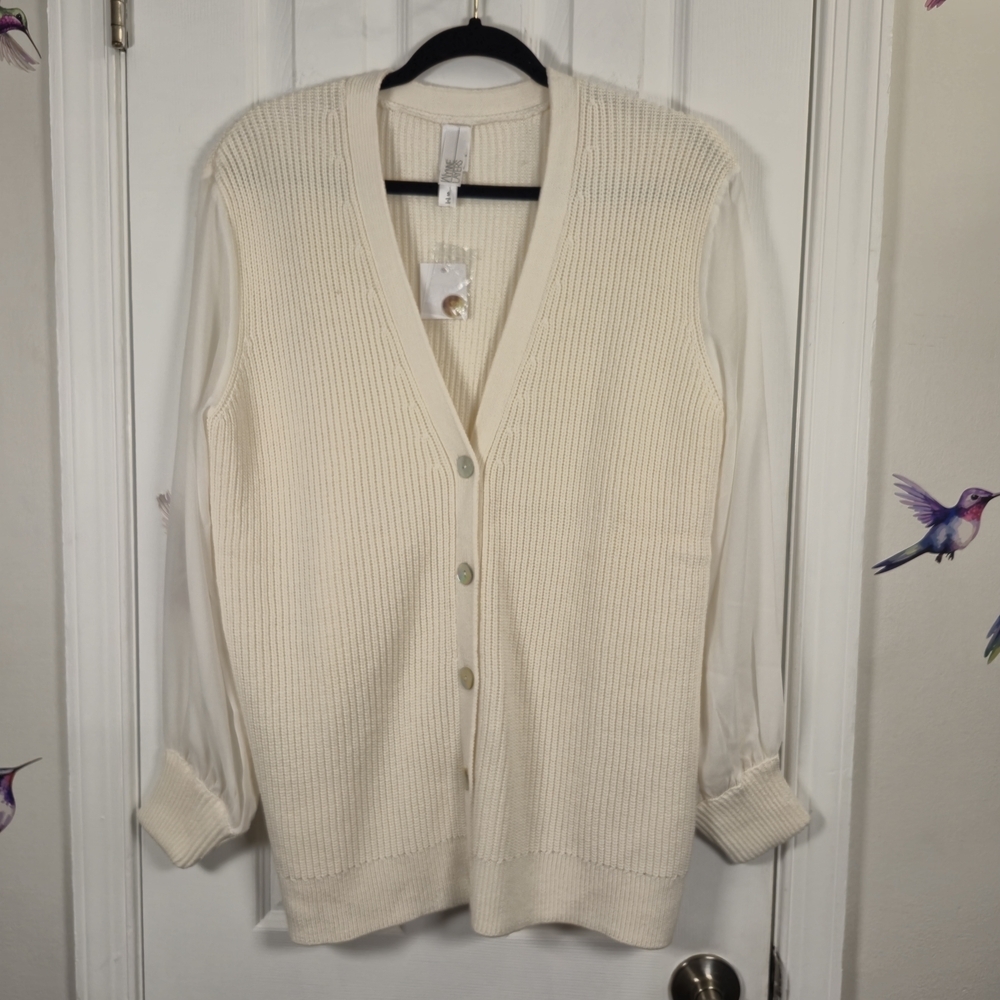 NWT WynneLayers Cream Mixed Media Ribbed Cardigan Sweater Sheer Sleeves S